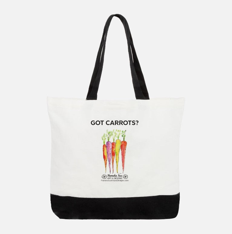 Our large, Got Carrots Tote Bag, is the perfect accessory to brighten your day and keep you organized. Made of 100% cotton canvas and designed by Alaskan artist, Pamela Sue, of Pamela Sue Art & Designs-Alaska.